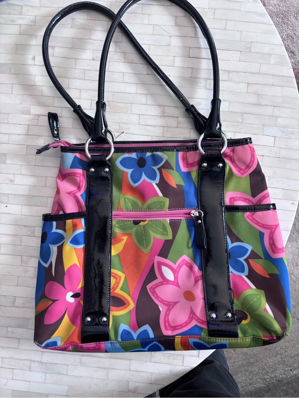 Franco Sarto Multicolor Floral Shoulder Bag with Black Patent Trim